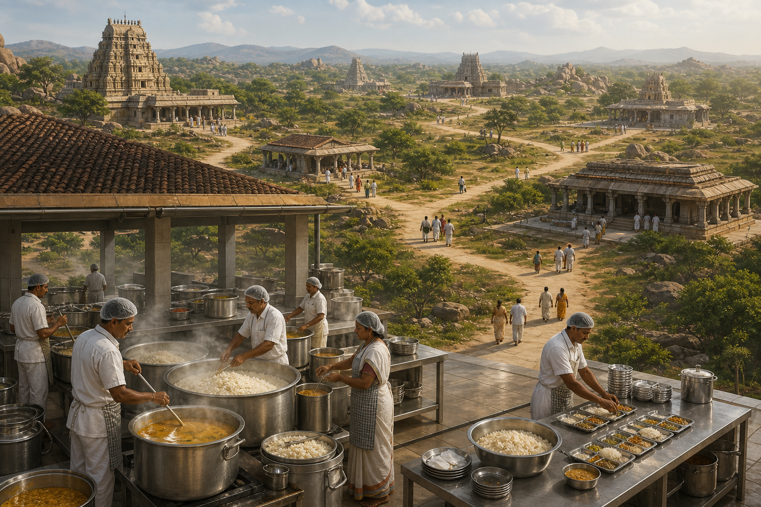 A central community kitchen and several South Indian temple complexes across a landscape represent the expansion of meal service to multiple locations.