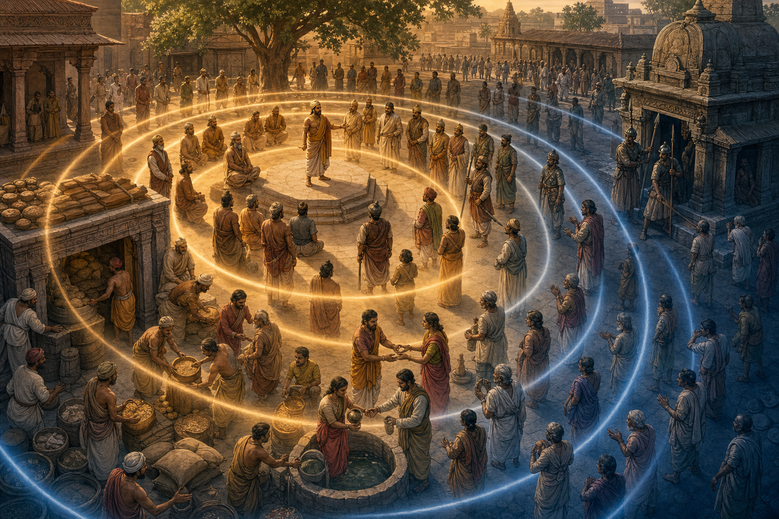 Waves of light spread from a ruler speaking in an open court, reaching officials, guards, merchants, farmers, worshippers, and families.