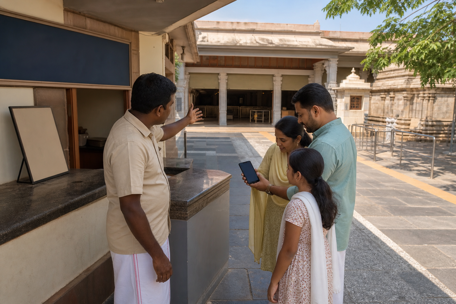 A pilgrim family checks a phone and speaks with a temple staff member near the entrance to a dining facility.