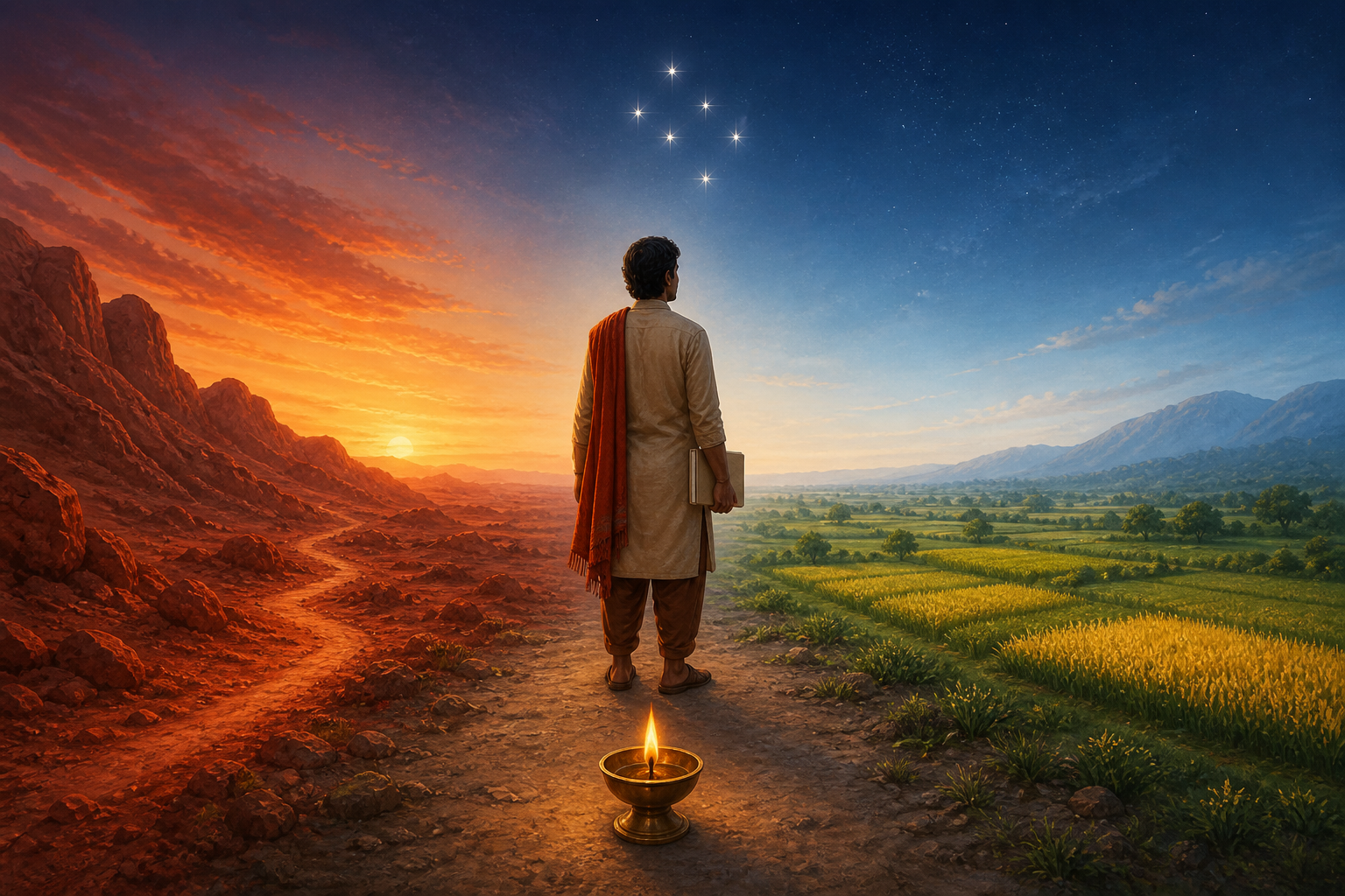 A person stands between a warm rocky path and a cultivated green field beneath six stars, with a small controlled flame in the foreground.