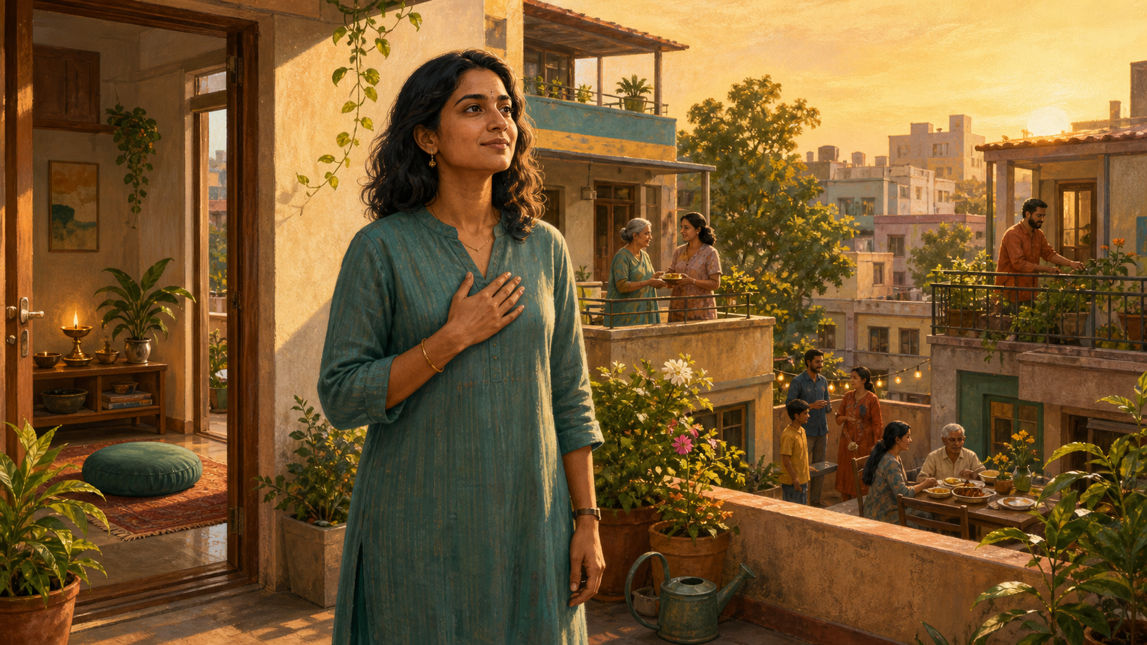 A South Asian adult stands calmly on a sunrise-lit terrace while friends and relatives interact across an open residential courtyard behind them.