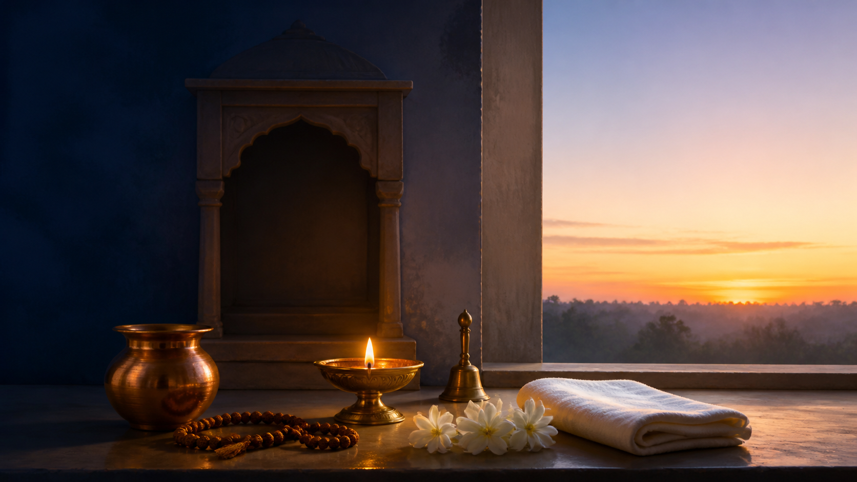 A brass oil lamp and traditional puja objects in a home shrine as moonless indigo darkness transitions into soft morning light.