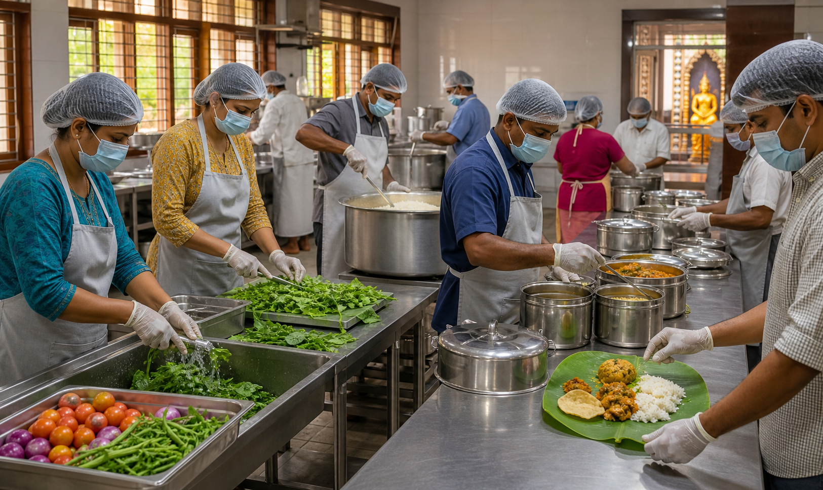 Volunteers follow hygienic food preparation and serving practices in a clean temple community kitchen.