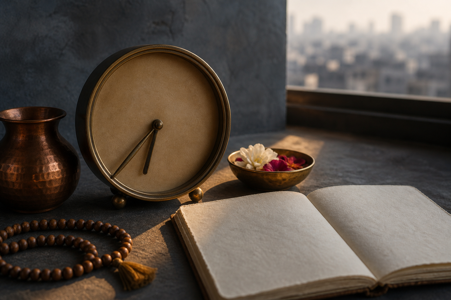 A numberless brass clock set near 6:37 beside prayer beads, flowers, and a copper vessel, with a band of light dividing the still life.