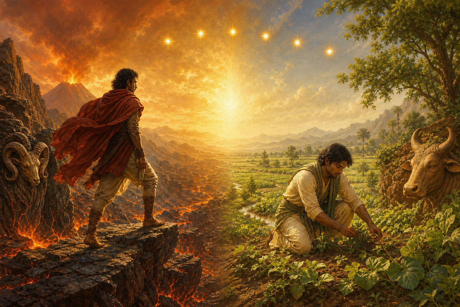 A split illustration shows a traveler crossing red stone near a ram motif and a gardener tending a field near a bull motif under six stars.
