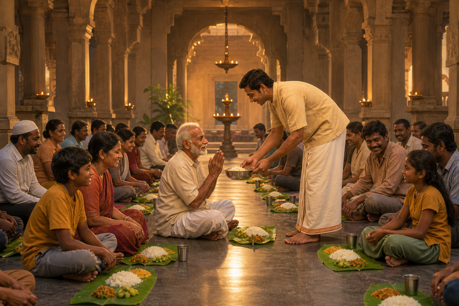 Pilgrims of different ages share equal portions of a banana-leaf meal while a volunteer serves them in a temple hall.