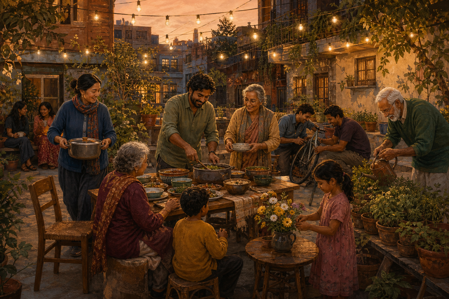 Friends, neighbors, elders, and children prepare a shared evening meal and help with everyday tasks in a planted courtyard.