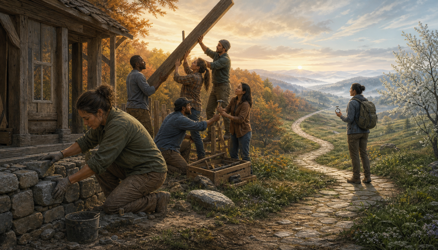 A continuous landscape shows people strengthening a workshop, raising a beam together, and adjusting a compass beside a turning path.