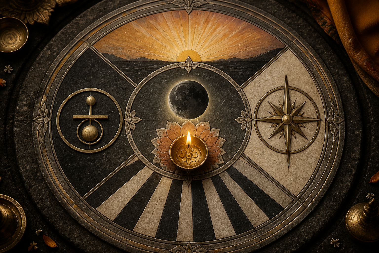 A central oil lamp and dark lunar disc surrounded by a horizon glow, an unlabeled compass motif, and bands of light and shadow.