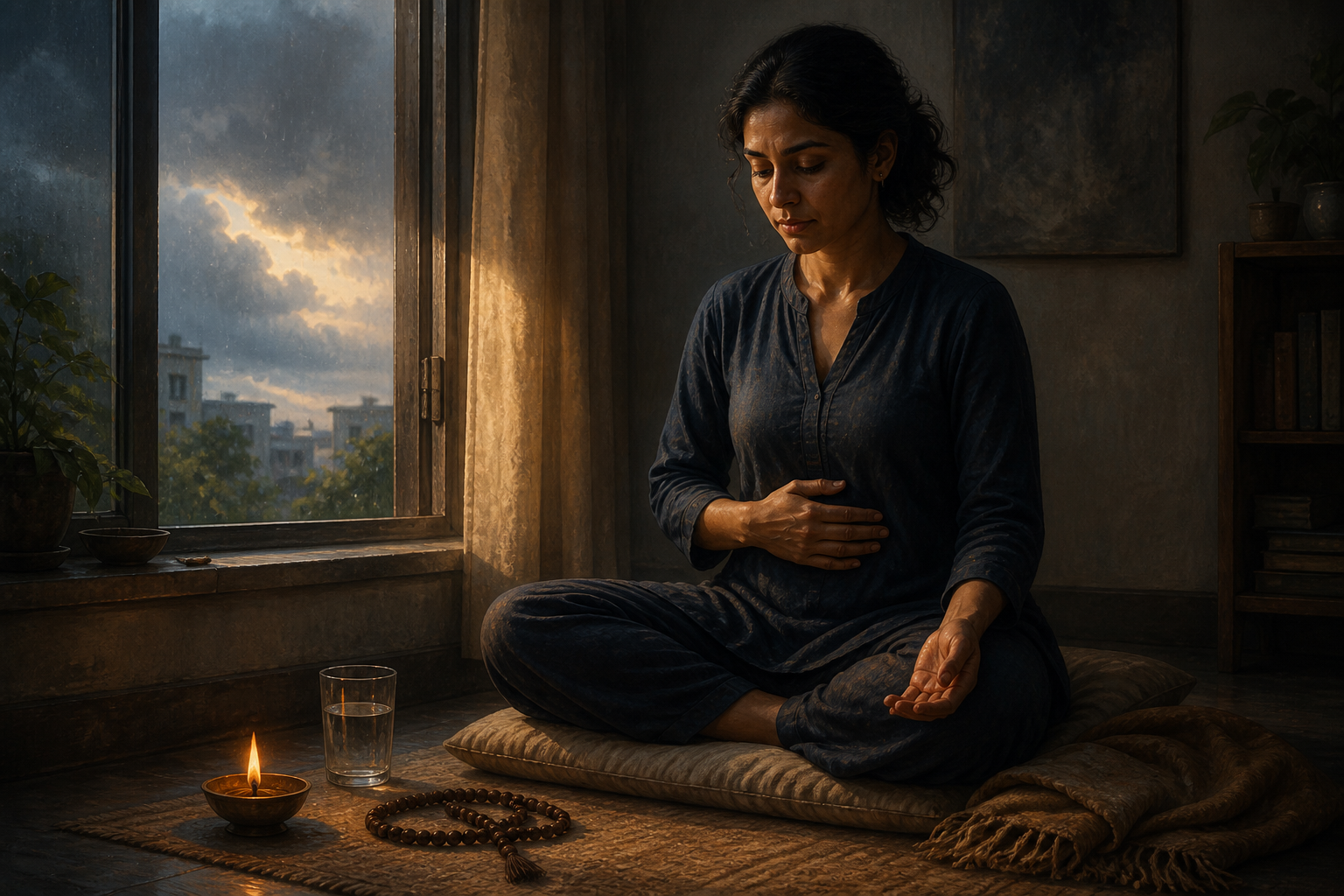 An adult practices breath awareness on a floor cushion beside a lit brass lamp and prayer beads as daylight enters through an open window.