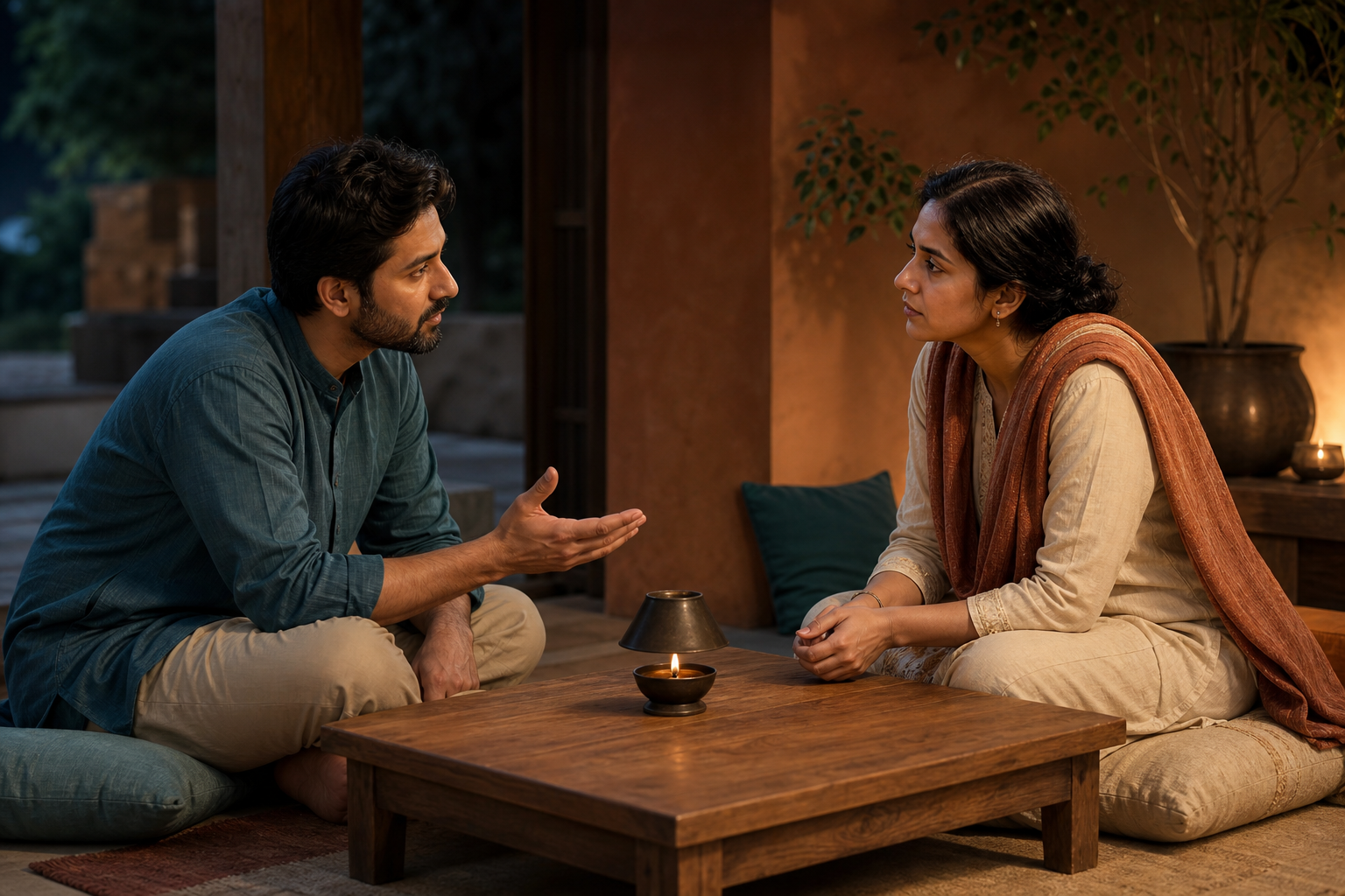 Two family members speak calmly across a low table in a warm home, with a small steady lamp burning between them.
