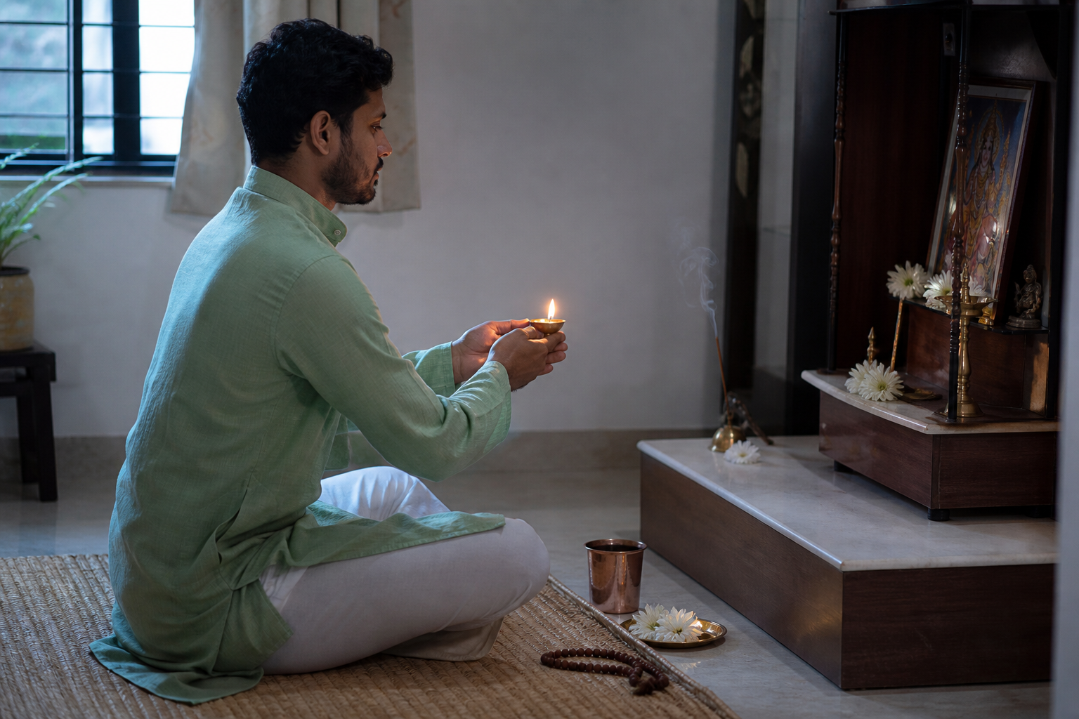 A devotee seated on a woven mat offers a brass oil lamp at a simple home shrine in the early morning.