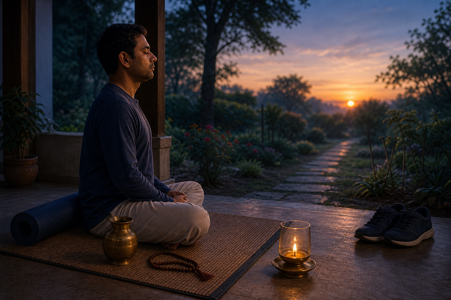 A person meditates at dawn beside prayer beads, a water vessel, a rolled mat, walking shoes, and a small protected oil flame.