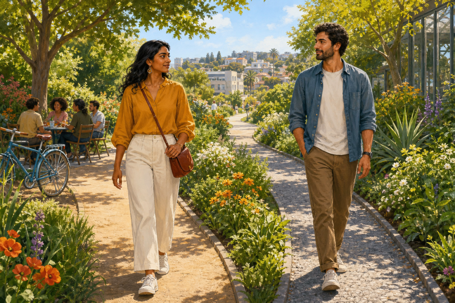 Two adults walk and talk in a botanical garden while friends, a bicycle, and a neighborhood path remain visible behind them.