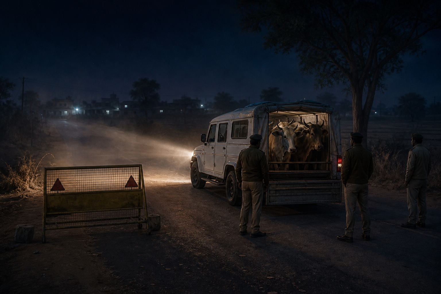 Editorial illustration of police near an unmarked white utility vehicle carrying cattle on a dark rural road.