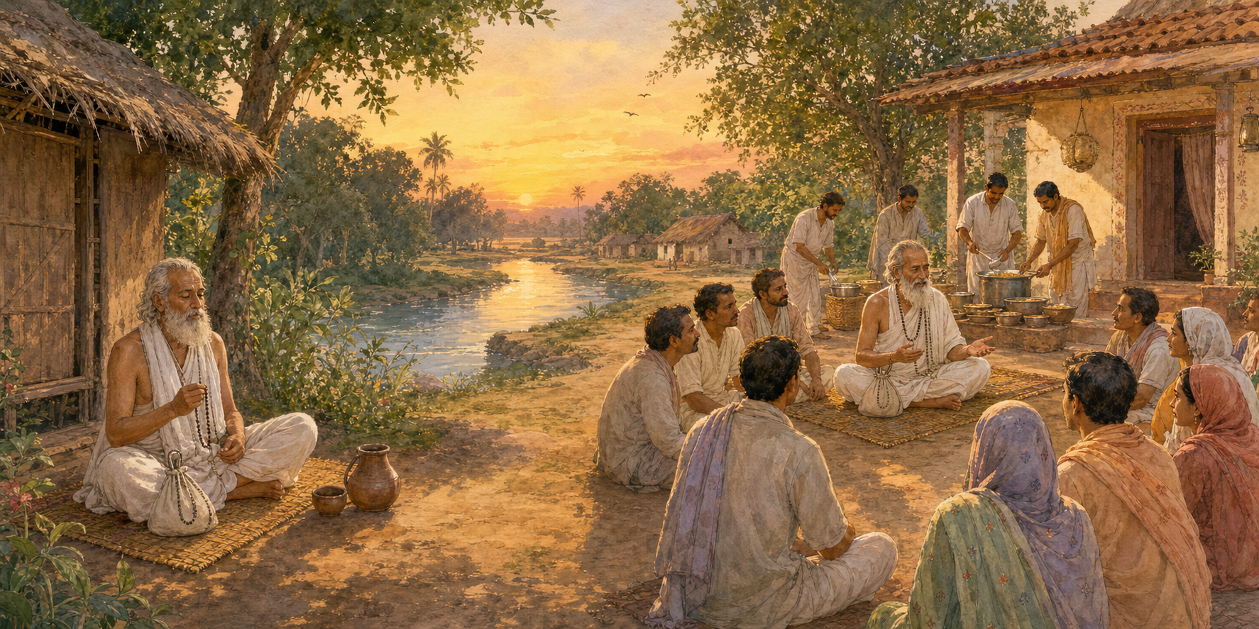 One unnamed babaji chants beside a secluded riverside hut while another teaches householders in a village courtyard.