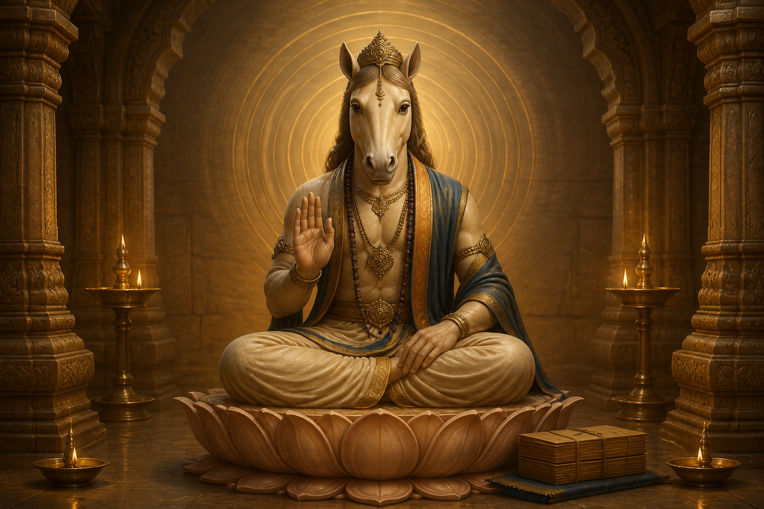A horse-faced Veda Murti sits on a lotus pedestal in a lamp-lit stone sanctuary, with a closed palm-leaf manuscript bundle nearby.