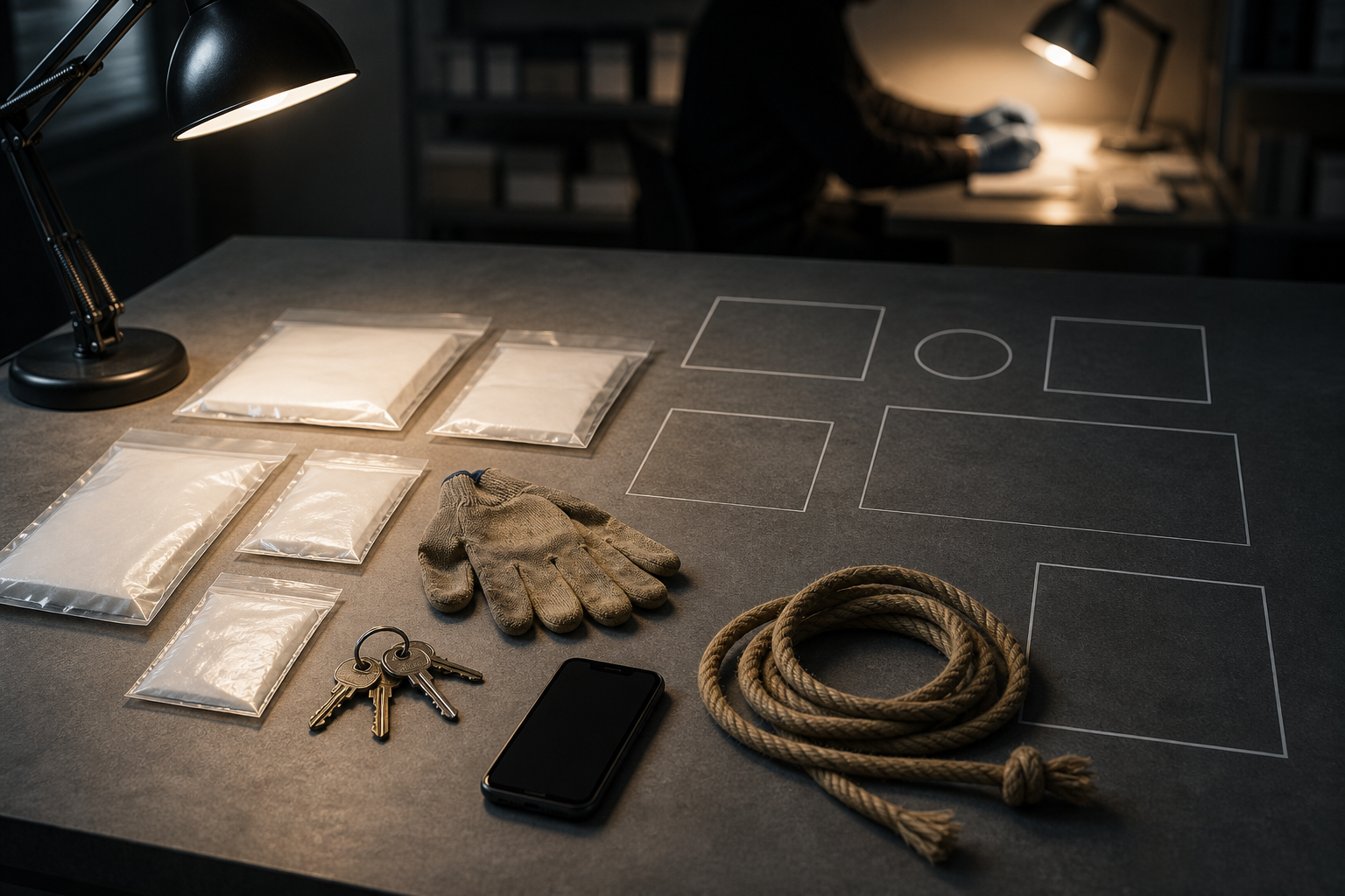An investigation table with sealed evidence pouches, keys, a phone, gloves, and rope beside empty spaces.