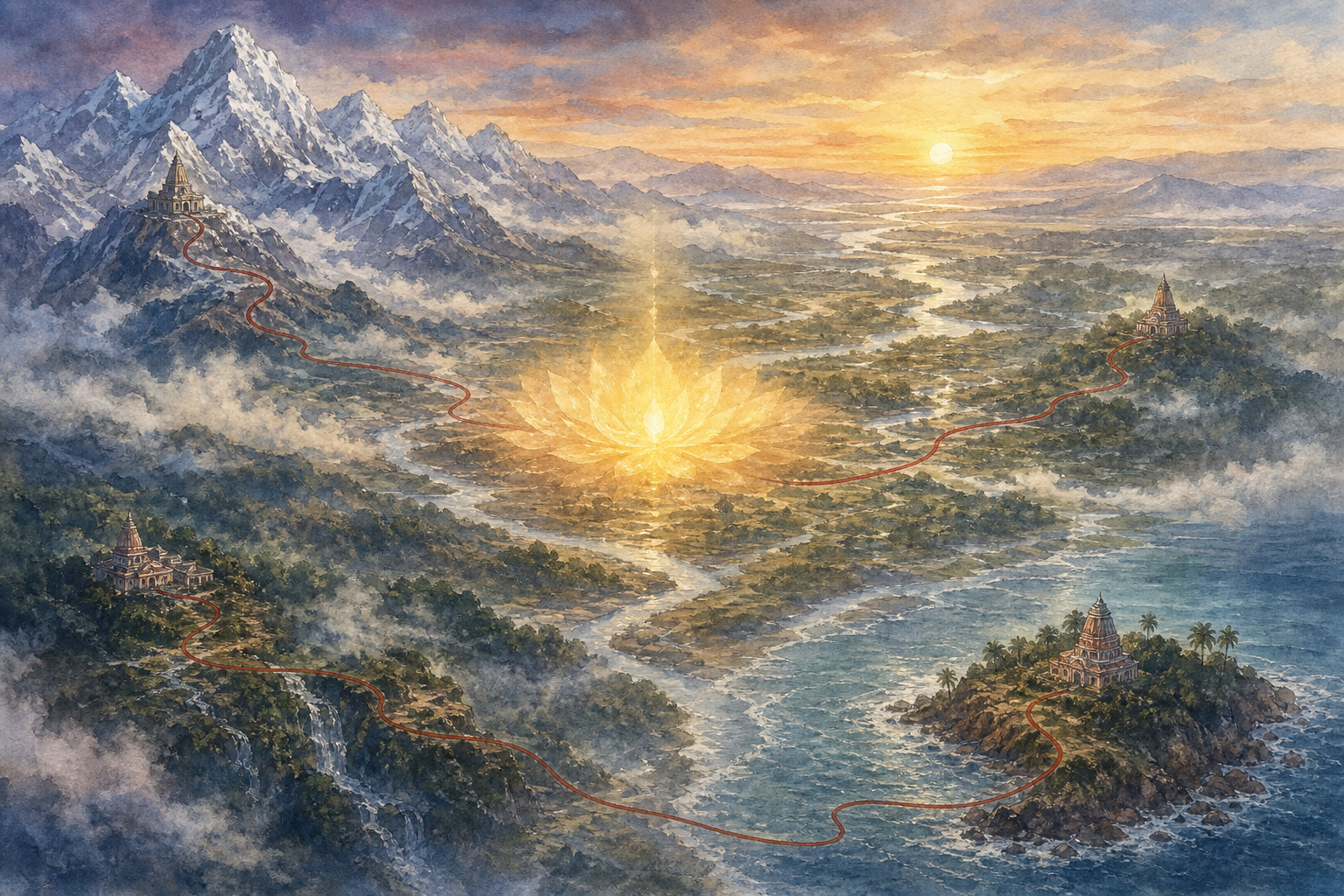 Illustrated South Asian landscape with Himalayan peaks, river plains, forested hills, an island coast, distant temples and a glowing lotus-like center connected by a red path.