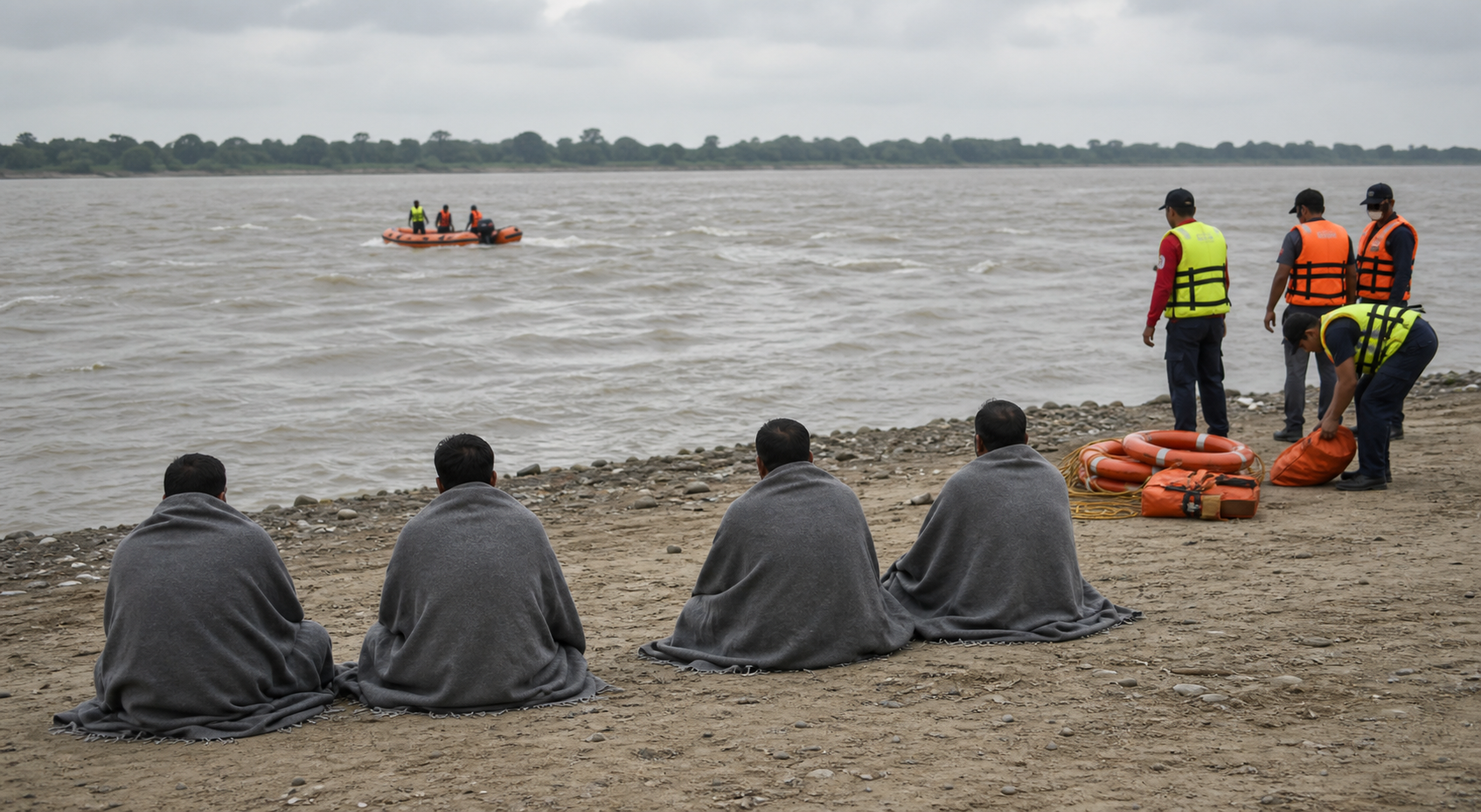 Four people wrapped in blankets sit safely on a riverbank while emergency responders prepare rescue equipment beside turbulent water.