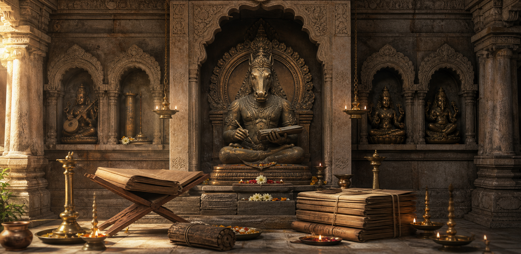 A horse-faced sacred figure stands in the central niche of a Vedic learning alcove, surrounded by lamps, offerings, manuscripts, and neighboring sacred figures.