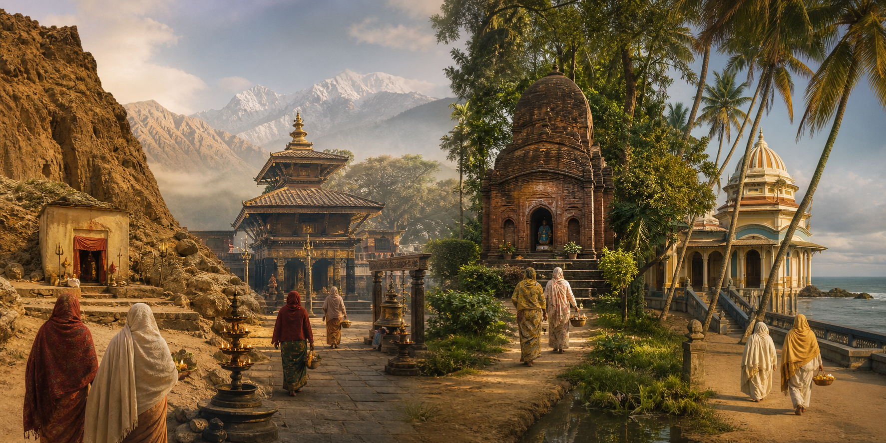 Panoramic illustration of pilgrims at four shrine settings: arid mountains, a Himalayan valley, a lush delta and a tropical island coast.