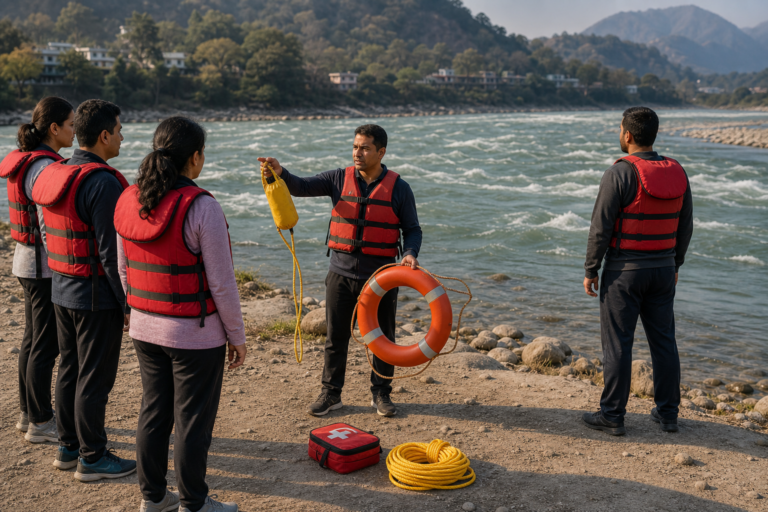A group leader demonstrates a throw bag and flotation ring to life-jacketed pilgrims standing safely back from a fast-flowing river.