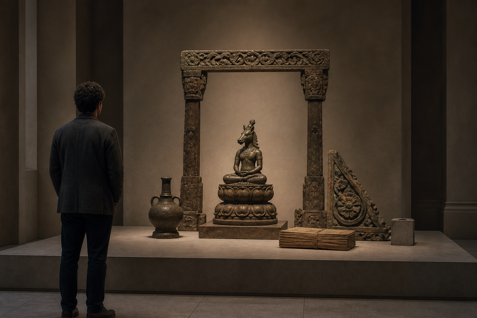 A scholar studies a horse-faced sacred sculpture displayed with a lotus pedestal, ritual vessel, manuscript bundle, and shrine fragments.