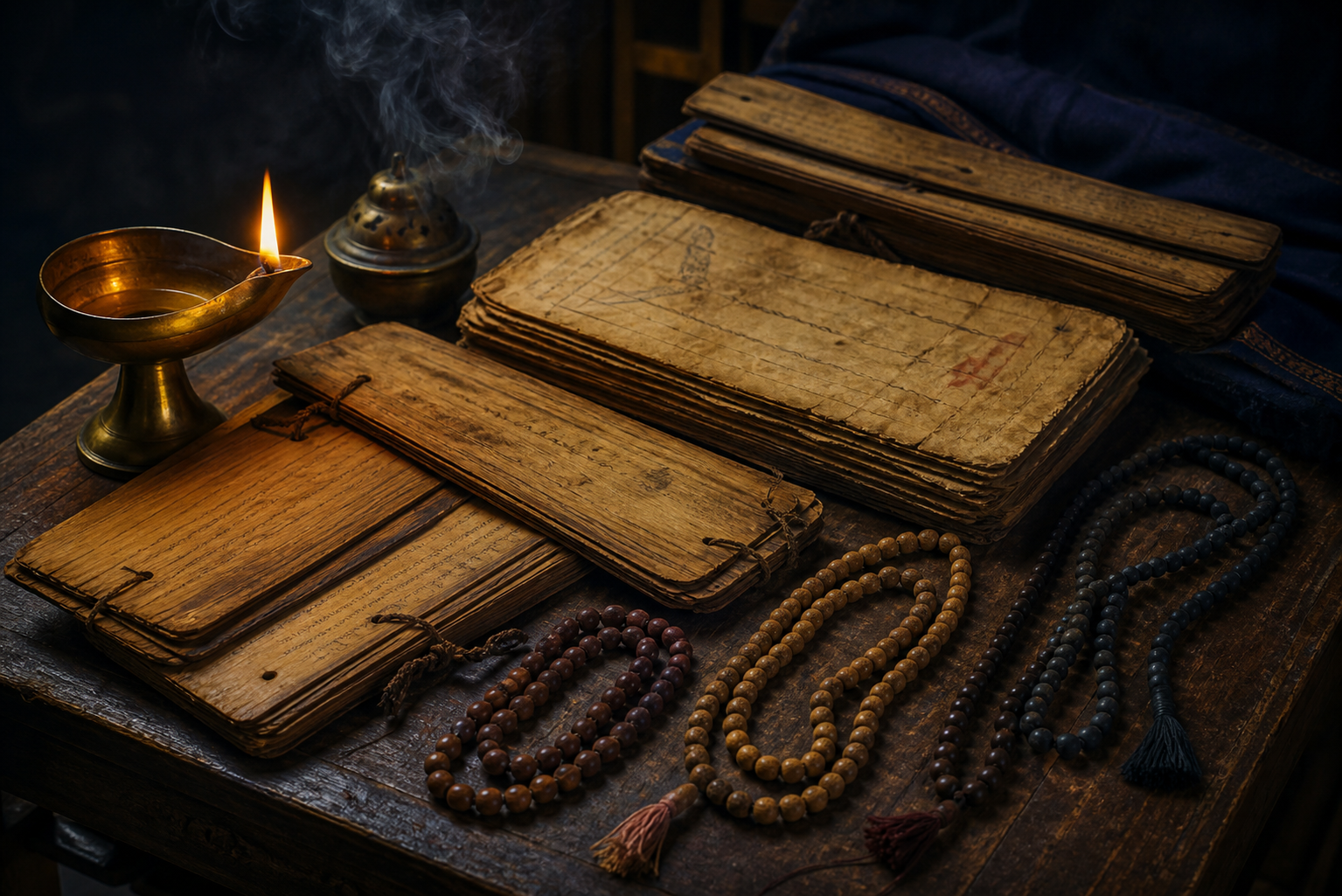 Prayer beads of different lengths lie beside layered palm-leaf manuscripts and paper folios under the light of a brass oil lamp.