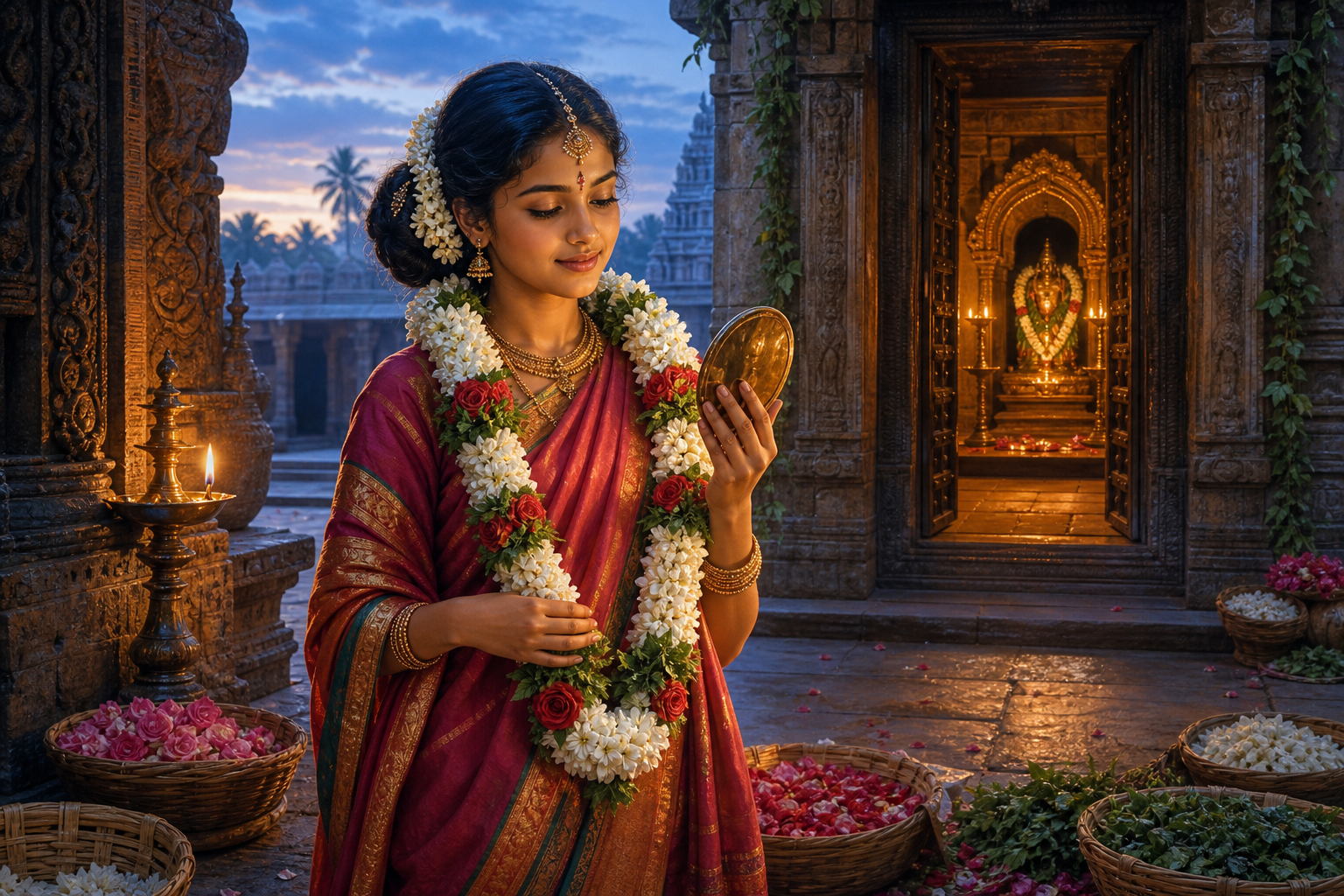 Andal wears a fresh flower garland while looking into a bronze mirror in a temple courtyard, with flower baskets and a Vishnu sanctum behind her.
