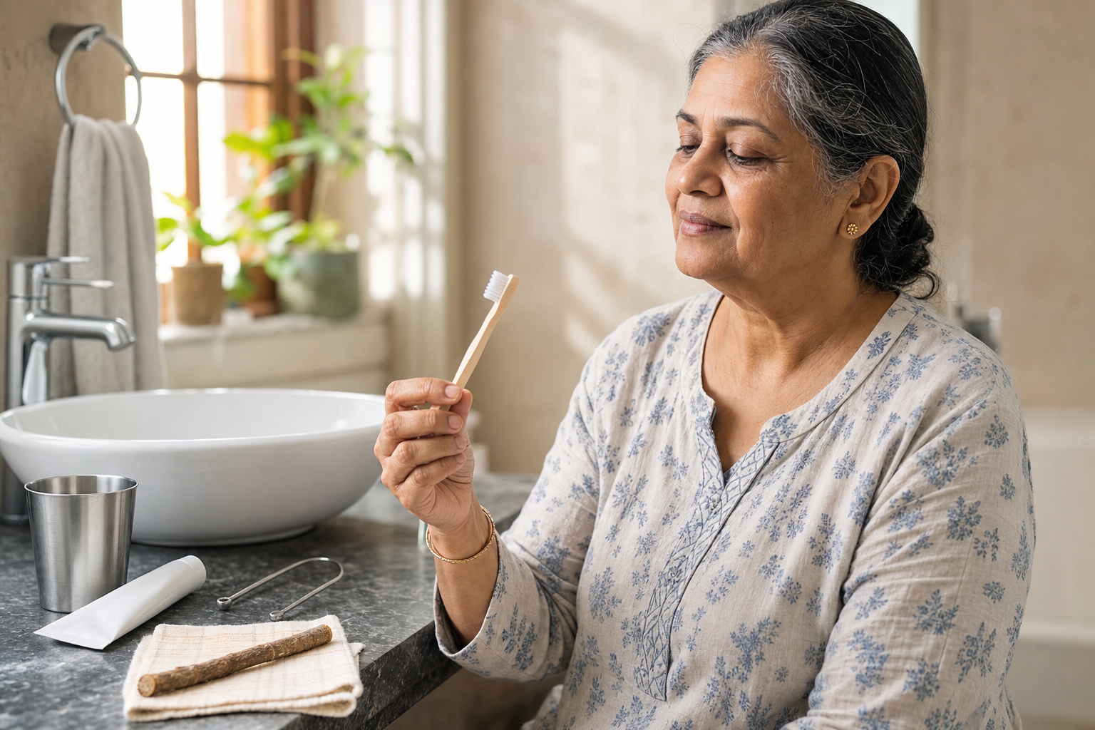 An older South Asian adult examines an extra-soft toothbrush while a thick chewing twig rests unused on a cloth beside the basin.