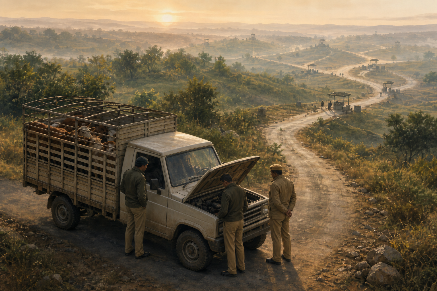 A stalled unmarked utility vehicle carrying cattle is inspected on a rural road that branches toward distant checkpoints.