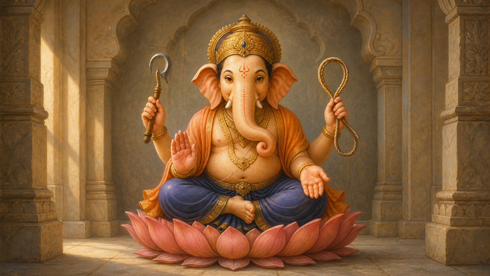 Four-armed Ganesha seated on a lotus pedestal, holding a looped rope in one upper hand and a curved elephant goad in the other.