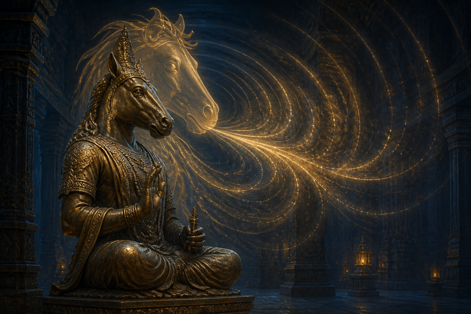 A bronze horse-faced Veda Murti stands before luminous golden waves that suggest breath, melody, and sacred resonance.
