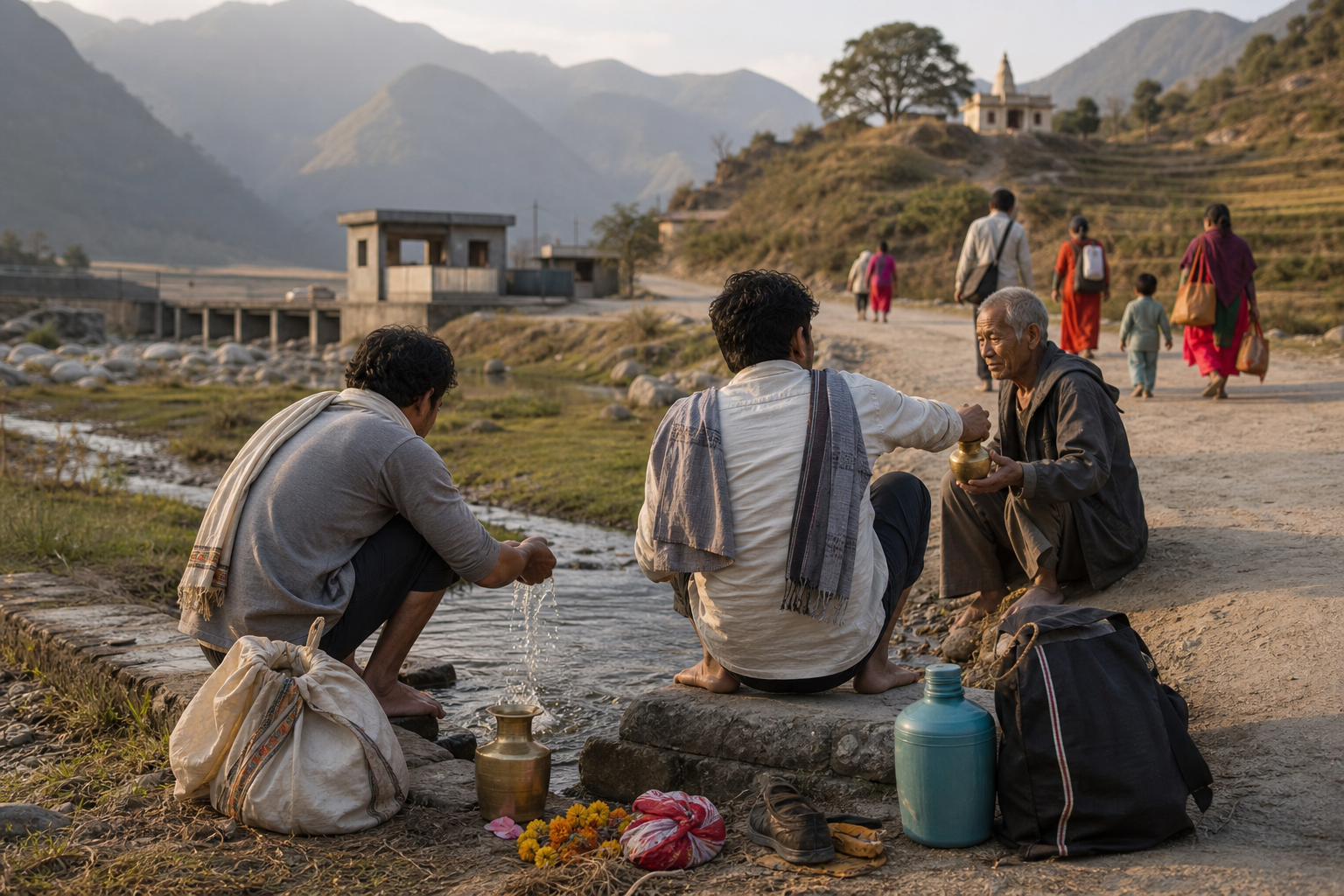 Pilgrims wash their hands and help an older traveler at a roadside rest point before walking toward a distant hill shrine.