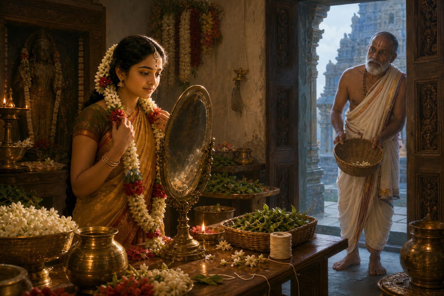 Vishnuchitta discovers Andal wearing a flower garland intended for the temple while she stands before a bronze mirror in a flower room.