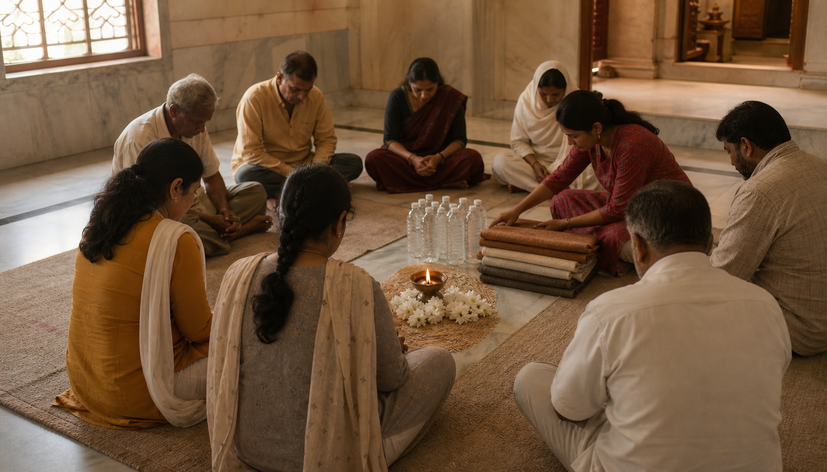Devotees and neighbours gather in quiet prayer around an oil lamp while water bottles and folded blankets are prepared nearby.