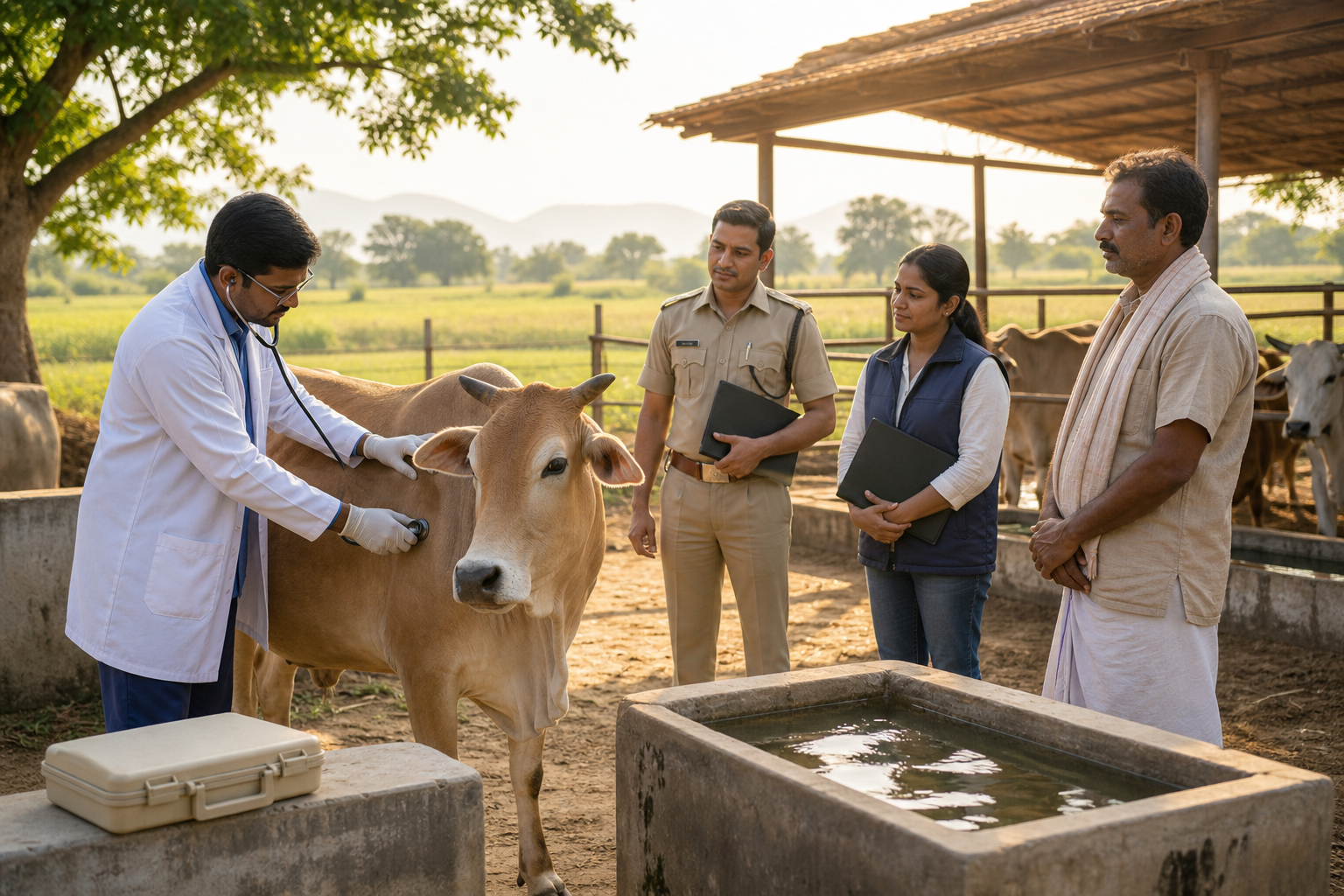 A veterinarian examines a cow as a police officer, an animal-welfare volunteer, and a farmer observe in a rural care enclosure.