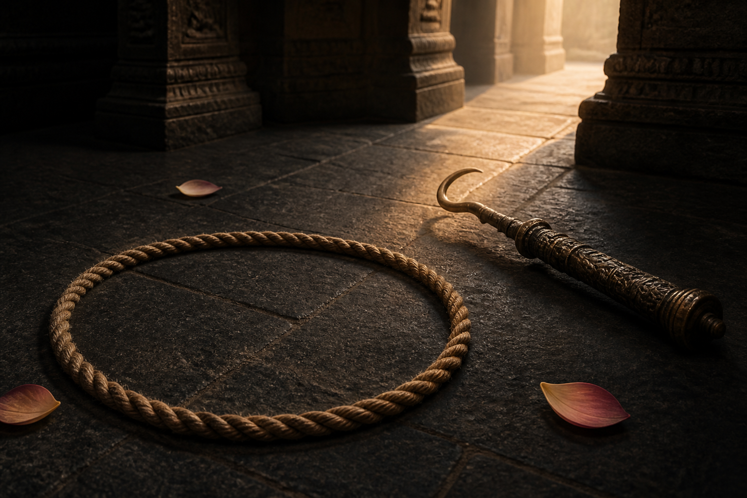 A looped braided rope and a traditional curved elephant goad arranged on stone beside a sunlit path.