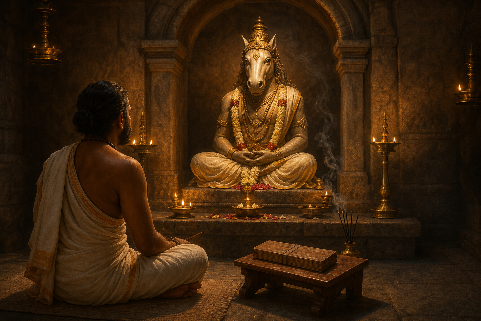 A seated practitioner chants before a lamp-lit horse-faced Veda Murti, with a closed palm-leaf manuscript on a low stand.
