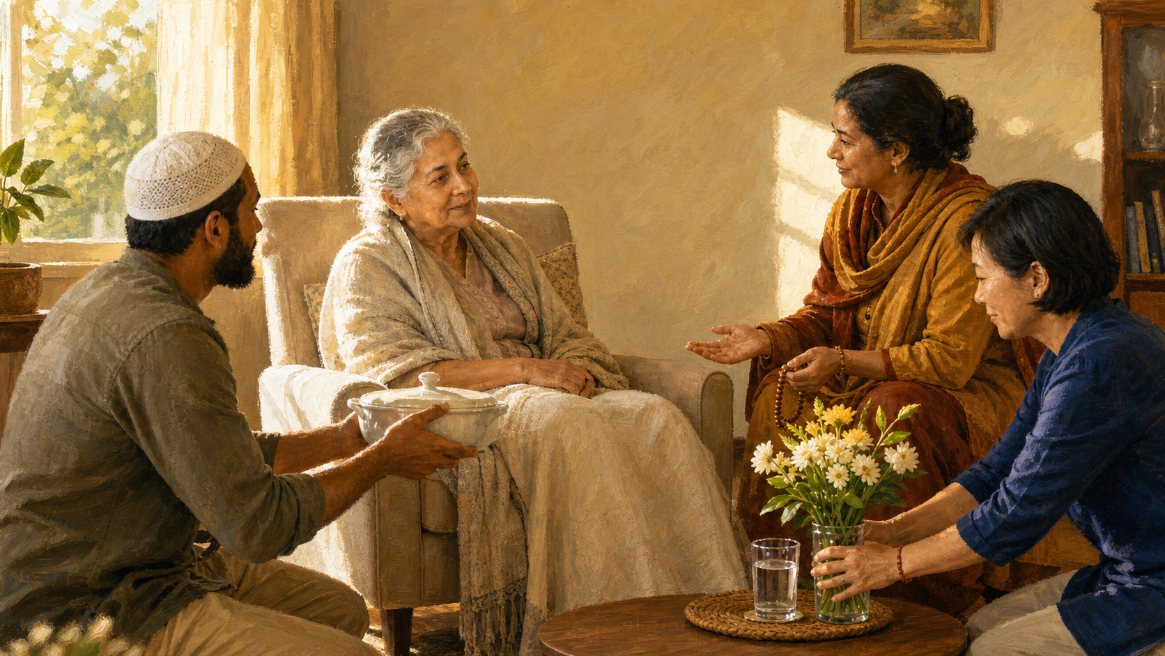 An older person recovering in an armchair receives food, flowers, water, and attentive company from three neighbours with distinct devotional items.