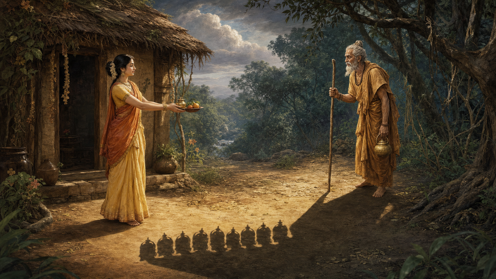 Sita offers water and fruit outside a forest hermitage to Ravana disguised as an elderly ascetic, while his shadow reveals ten crowned heads.