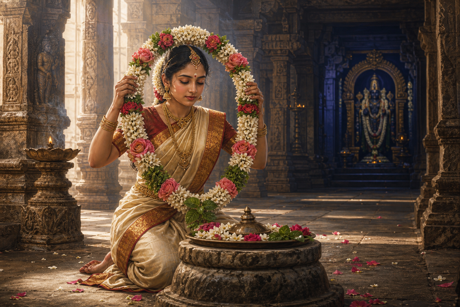 Andal kneels in a temple corridor and lifts a flower garland from her shoulders toward a Vishnu sanctum.
