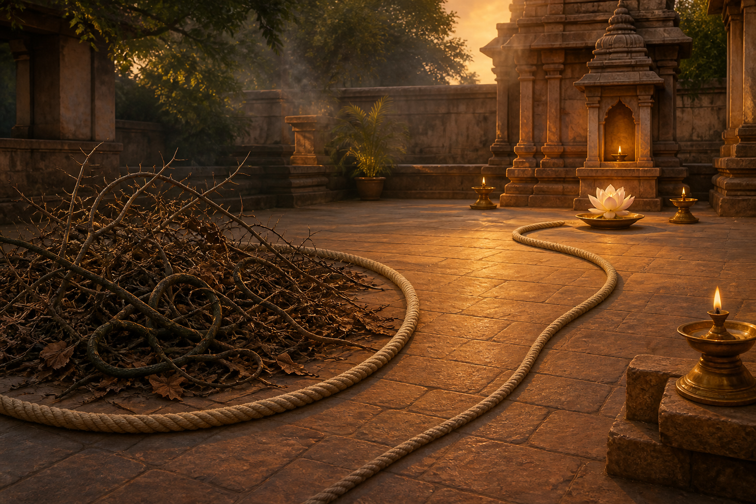 A braided rope encircles thorny vines in a temple courtyard while its other end curves toward a lotus near a softly lit shrine.