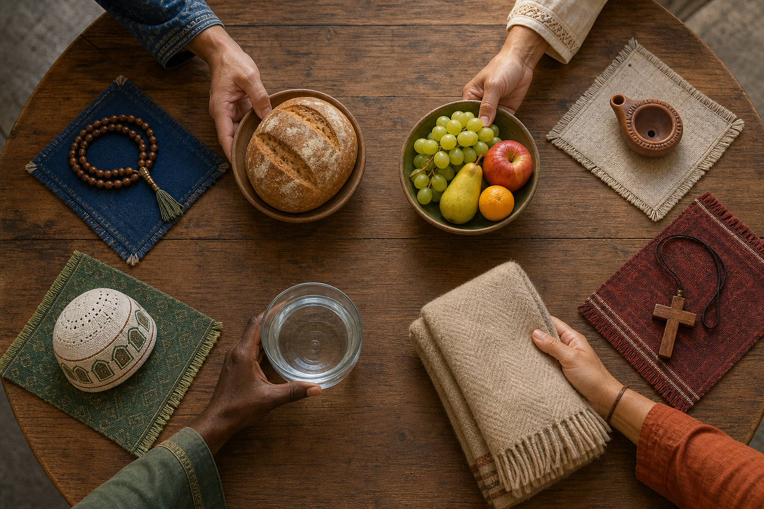 Separate devotional objects lie around a round table as four hands place bread, fruit, water, and a folded blanket in the centre.