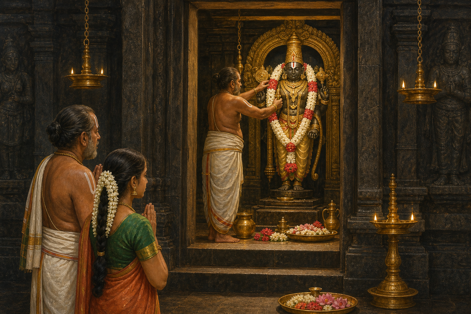 A priest places a flower garland on a Vishnu murti while Andal and Vishnuchitta pray outside the lamplit temple sanctum.