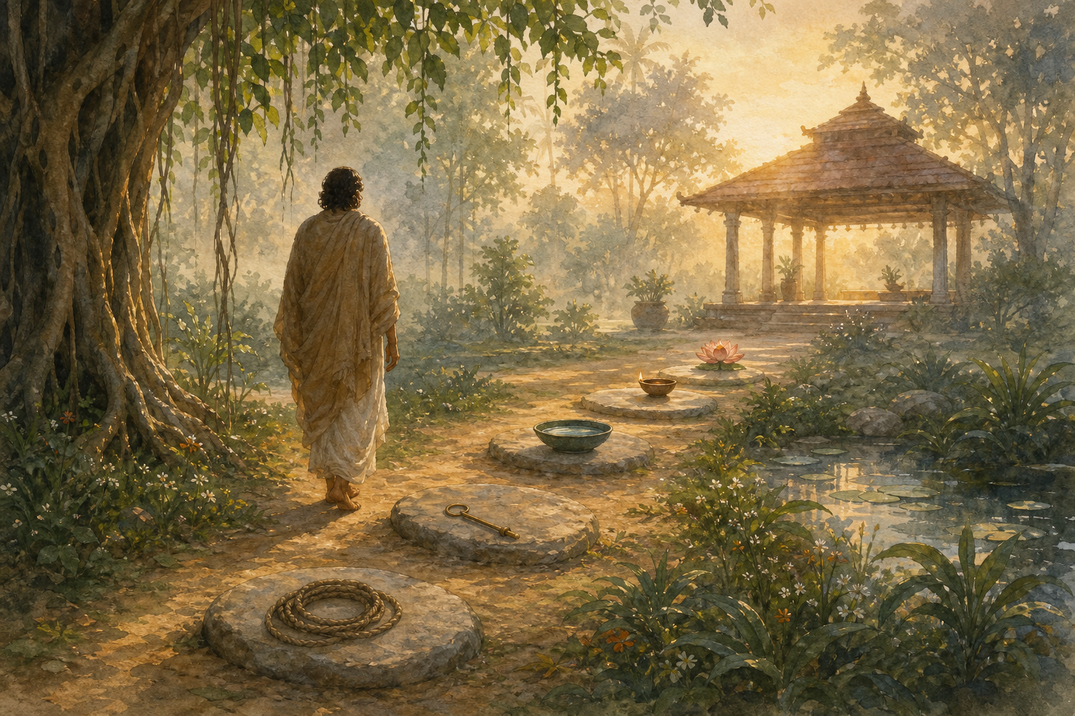 A person walks along five stepping stones in a garden past a coiled rope, an elephant goad, a water bowl, a clay lamp, and a lotus.
