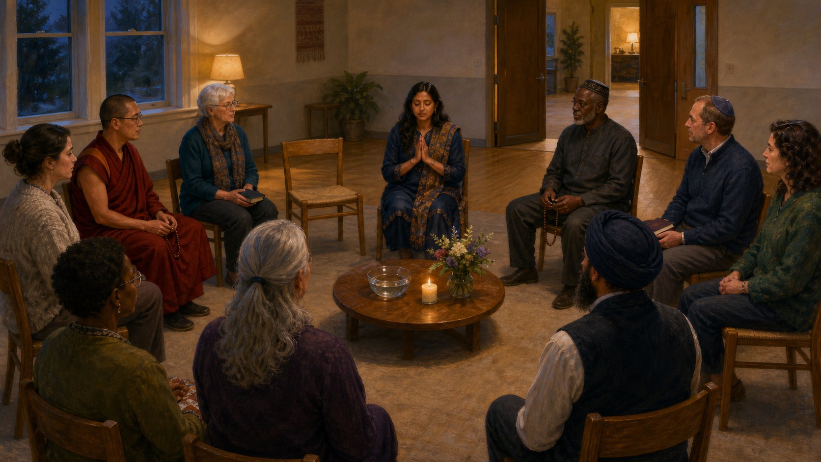 People sit in an open circle as one participant prays and others listen or remain quietly present, with an empty chair beside them.