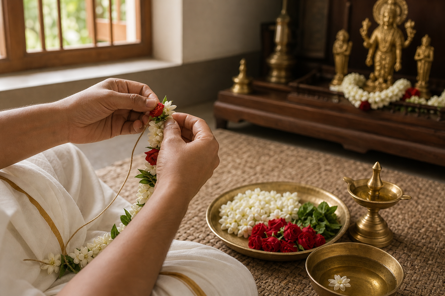 A worshipper strings jasmine, roses, and sacred basil into a garland beside an orderly home Vishnu shrine.