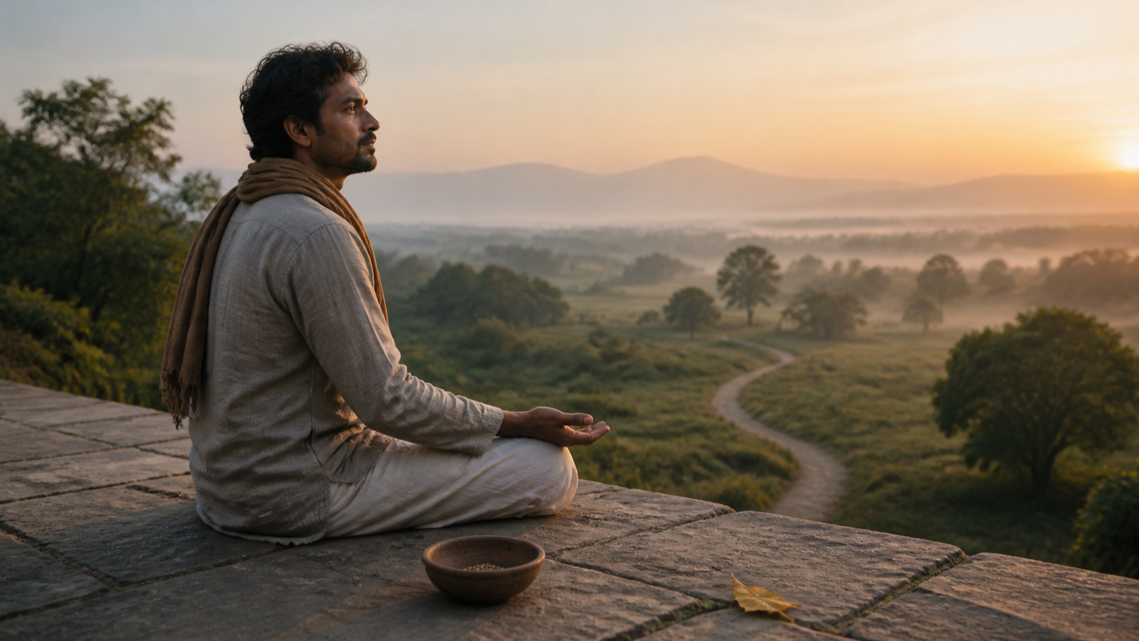 An adult sits calmly on a stone terrace at dawn beside a simple clay bowl, with a winding path and misty horizon beyond.